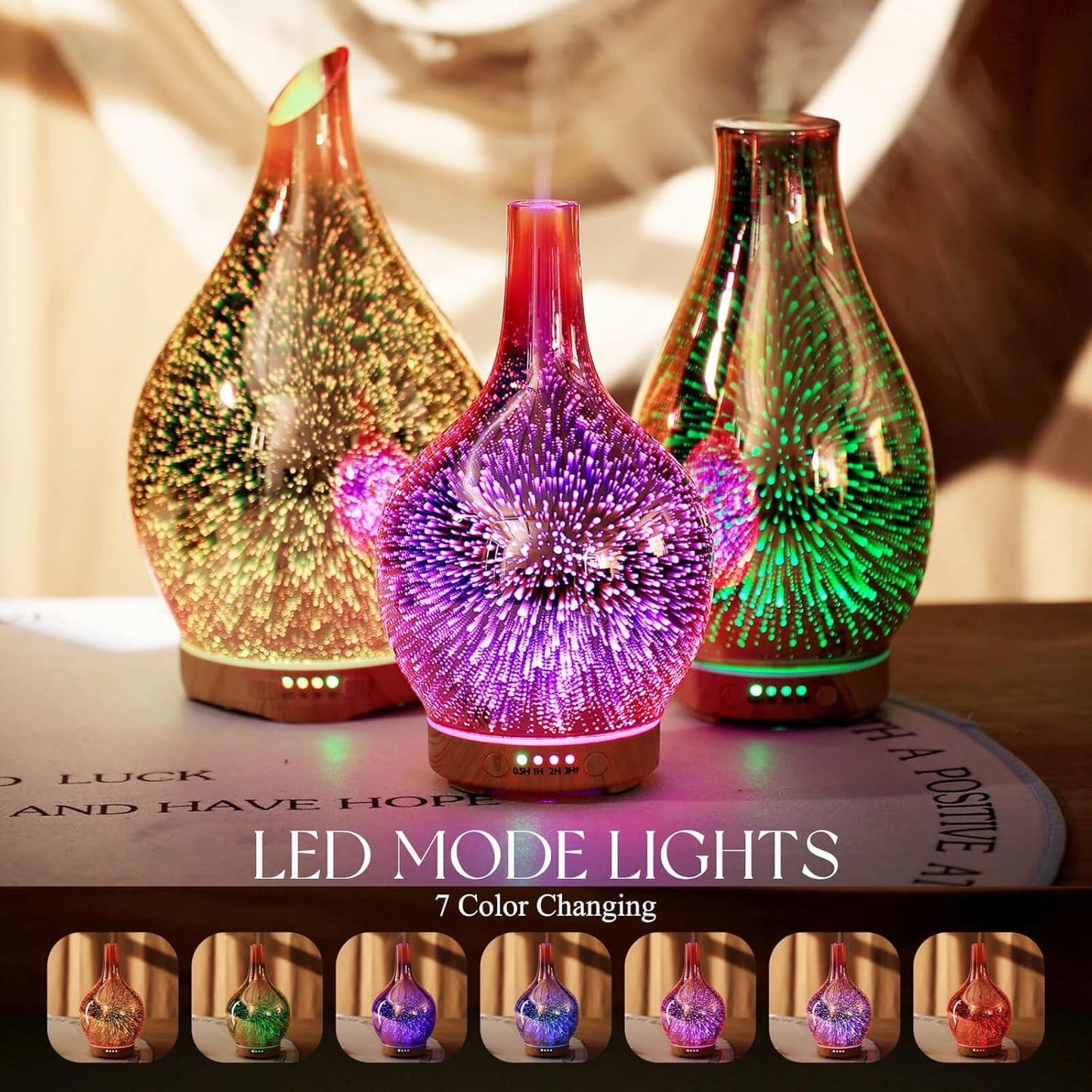 Rose Gold Essential Oil Diffuser 3D Glass Aromatherapy Ultrasonic Humidifier, Waterless Auto-Off, Timer Setting, BPA Free, Air Refresh for Home Hotel Yoga Leisure SPA Gift 100Ml